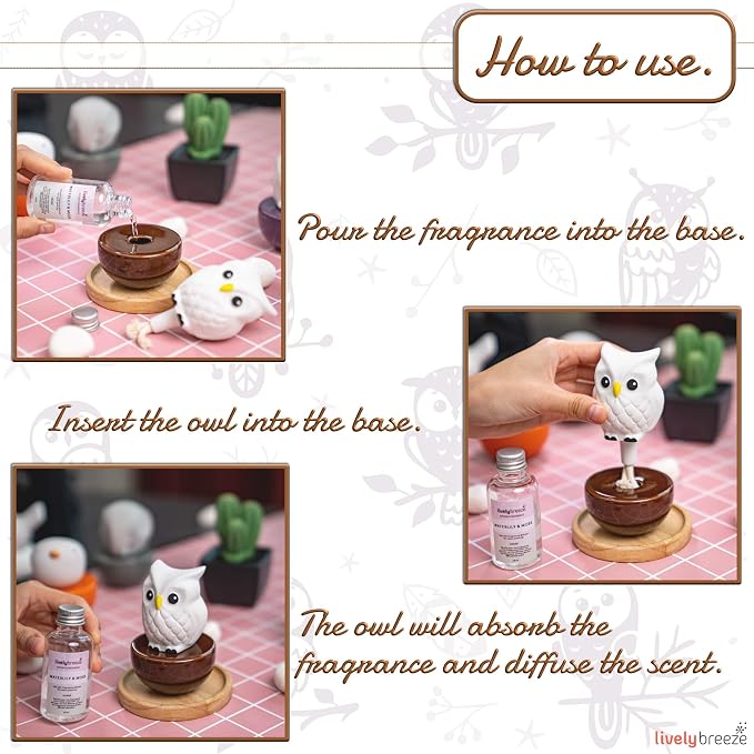 Blinky Owl, Non-Electric Ceramic Diffusers for Essential Oils and Aromatherapy Fragrance, White Ceramic Diffusers in Car or Desk Office Decor and Small Bathroom at Home, Brown Vase