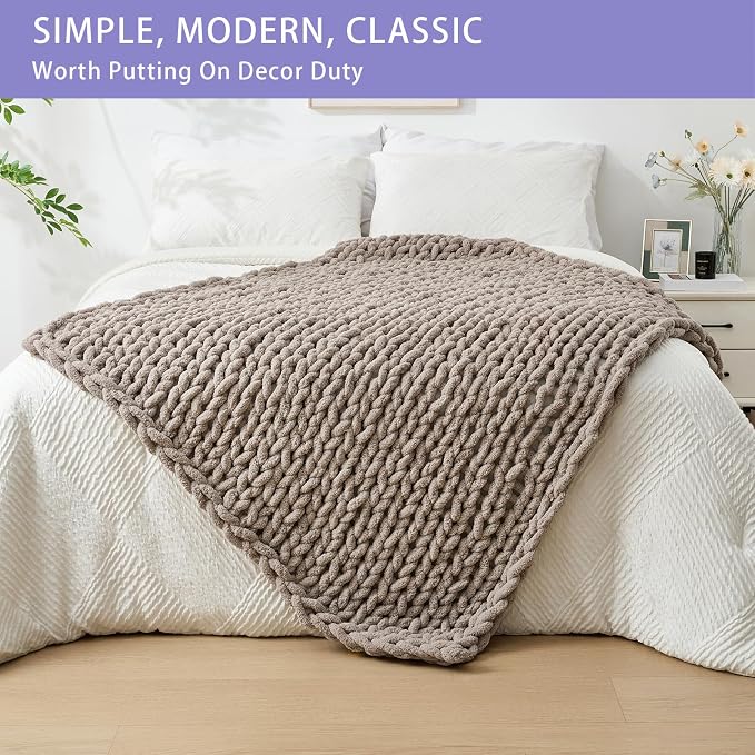 Bigacogo Chunky Knit Throw Blanket for Couch, 40x60 inches, Taupe | Hand Knit with Jumbo Chenille, Soft Breathable Cable Knit for Sofa Bed Living Room, Machine Washable, Gift for Mom Friend