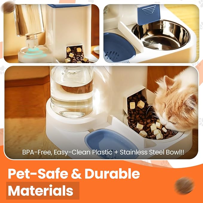 Automatic Cat Feeder & Water Dispenser – Gravity Cat Feeding Station with Stainless Steel Bowl, 2.2L Food & 1L Water Capacity, Automatic Pet Feeder for Cats & Small Dogs (Blue)