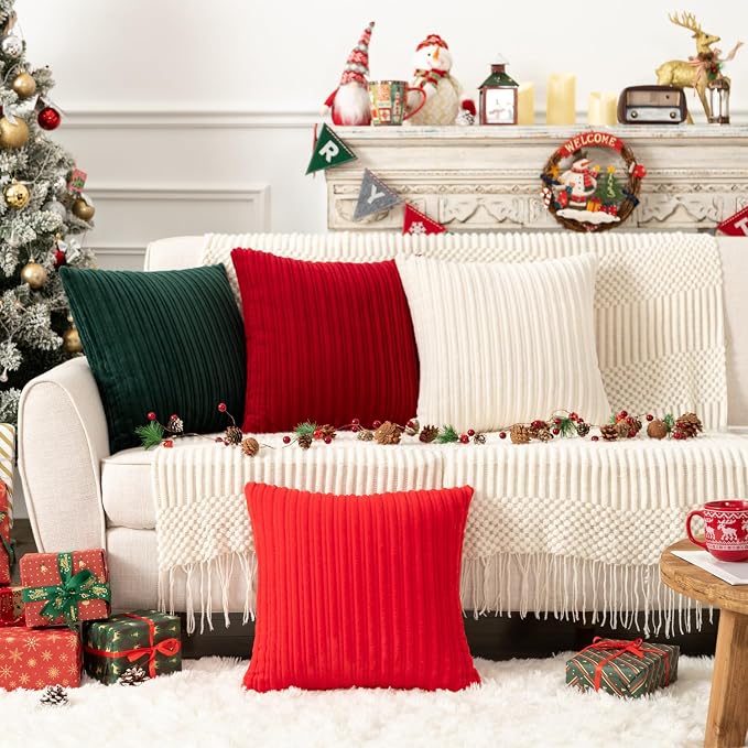 UGASA Super Soft Flannel Pillow Covers Christmas Decor Striped Practical Classic for Sofa/Bedroom, 2 Pcs, 18x18 Inch, Red