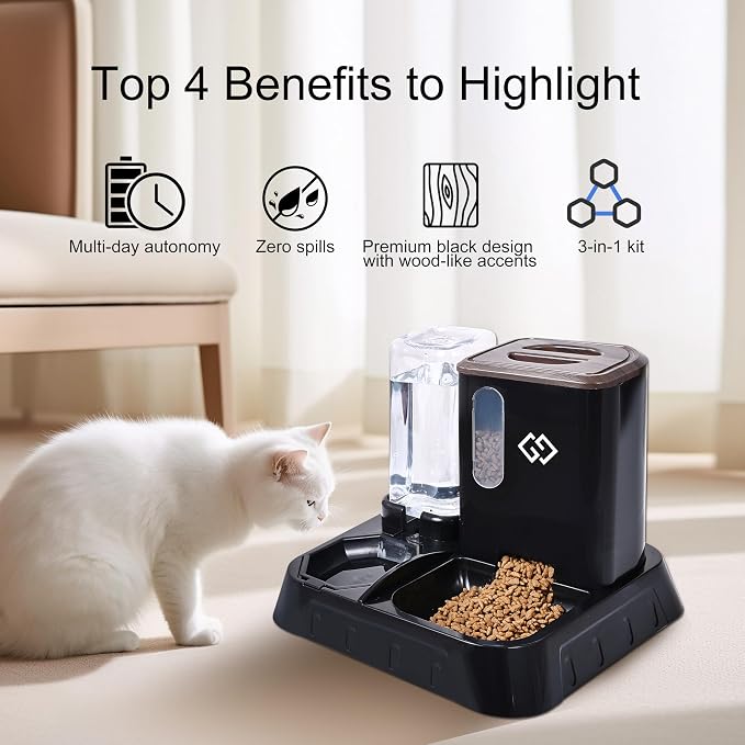 Gravity Cat Feeder & Automatic Water Dispenser – 3-in-1 Cat Feeding Station with Absorbent Feeding Mat, Spill-Proof Automatic Cat Feeder for Indoor Cats, Small Dogs & Multi-Pet Homes