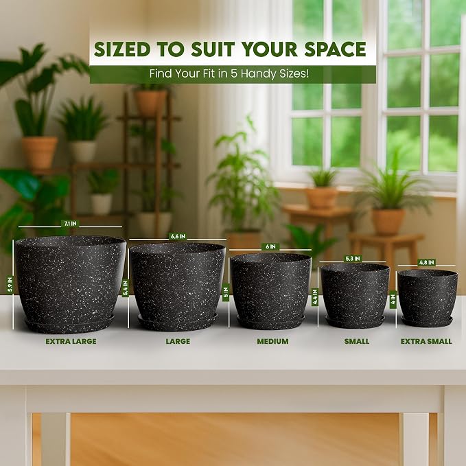 Plant Pots Indoor with Drainage 10 Pack Multi-Size Planters Spotty Black | Drainage holes included Multiple sizes 7/6.6/6/5.3/4.8 In Indoor plants and flowers Durable plastic construction