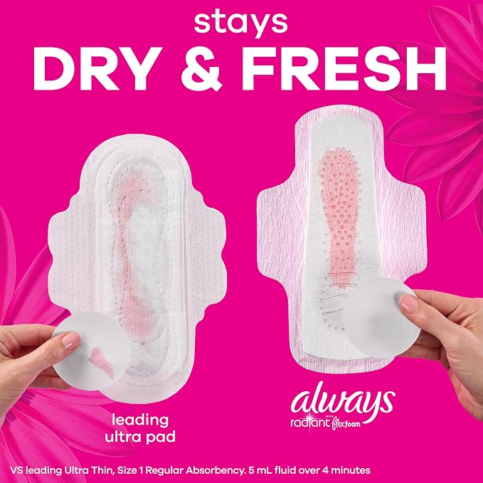 Always Radiant Feminine Pads for Women, Flexfoam Pads with Wings, Size 2, Heavy Absorbency, Lightly Scented, 36 Count