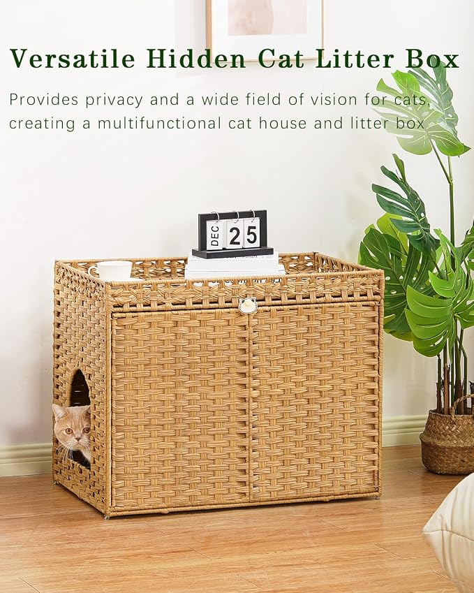 SETVSON Cat Litter Box Enclosure, Extra Large Hidden PE Rattan Natural | Spacious Double Door PE Rattan Cat Washroom Bench, Side Table Look, Fits Covered Litter Tray, 2 Mats, Metal Frame