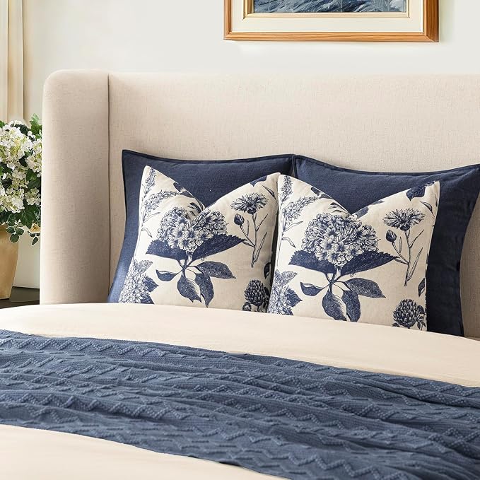 Foindtower Set of 2 Linen Floral Vintage Throw Pillow Covers Neutral Accent Print Decorative Cozy Cushion Covers Farmhouse Boho Home Decor for Sofa Chair Couch Bed Living Room,22×22 Inch,Navy Blue