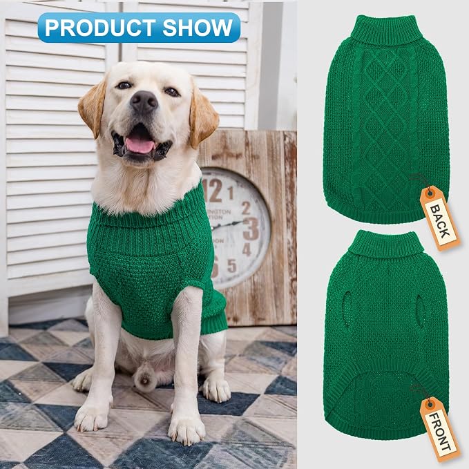 Mihachi Turtleneck Dog Sweater - Winter Coat Apparel Classic Cable Knit Clothes with Leash Hole for Cold Weather, Ideal Gift for Pet in New Year Green 2XL