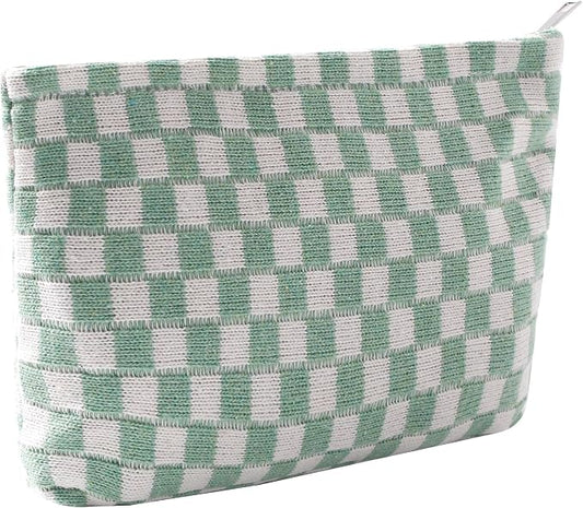 Cosmetic Bags for Women - Corduroy Cosmetic Bag Aesthetic Women Handbags Purses Smile Dots Makeup Organizer Storage Makeup Bag Girls Case Bags (Q-Checkered Light green)
