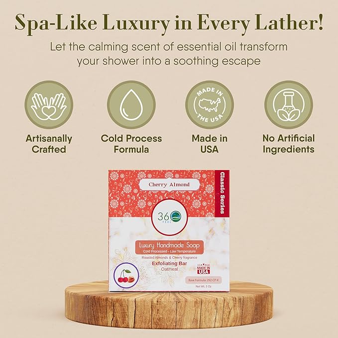 360Feel Cherry Almond Soap - Made in the USA - Castile Handmade, All Natural, Cold Processed - Infused with Refreshing Cherry Almond Essential Oil for Soothing Scent - Rich, Creamy Lather - 5oz