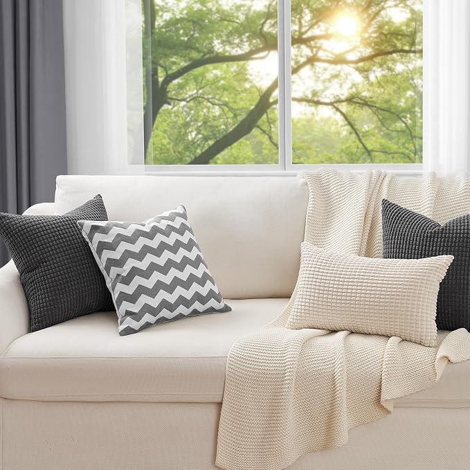Topfinel 22x22 inches Euro Pillow Shams Set of 4 Soft Corduroy Decorative Throw Pillow Covers for Bedroom Living Room Boho Textured Striped Patchwork Couch Pillow Covers 55x55 cm Darkgrey