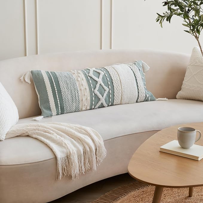Decorative Boho Lumbar Pillow Cover 14x36 - Soft Textured Throw Pillow | Beautiful Accent Piece for Bed, Couch Decor or as Body Cushion - A Stylish Addition to Your Bedroom