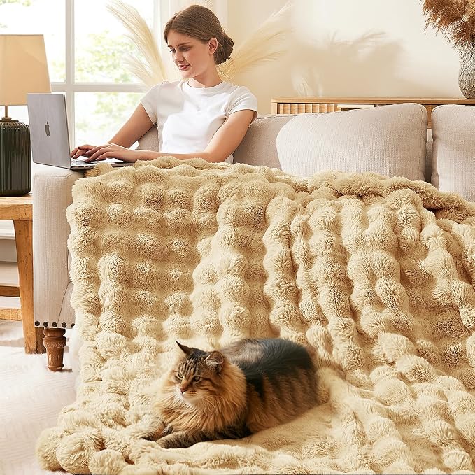 L'AGRATY Faux Rabbit Fur Throw Blanket for Couch, 90''x90'', Milk Tea Brown | Soft Cozy Bubble Fluffy Blanket for Sofa Bed, Thick Warm Plush Fuzzy Throw for Room Home Decor, Luxury Gift for Women Mom