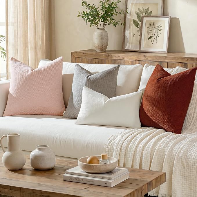 a moment Pack of 2 Decorative Chenille Throw Pillow Covers with Twill Cushion Covers for Sofa Living Room Couch Bed 24x24 Inch Light Pink