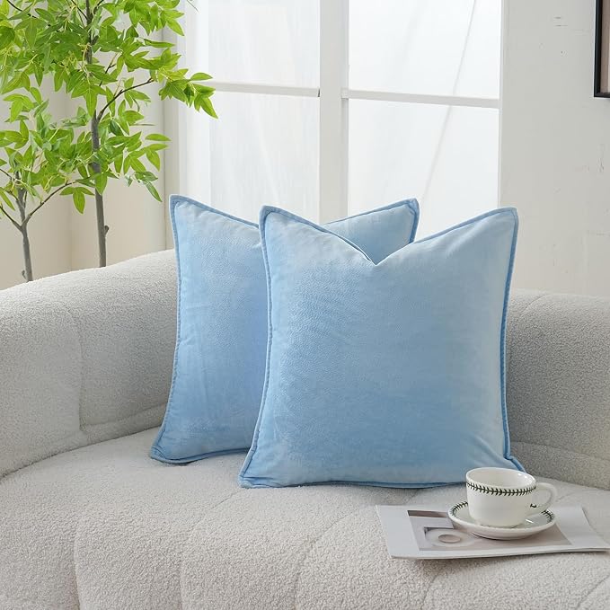 Velvet Light Blue Throw Pillow Covers 22”x22”Pack of 2 Soft Decorative | Square Cushion Covers for Couch Sofa Bed Livingroom Car Home Decor,55x55Cm