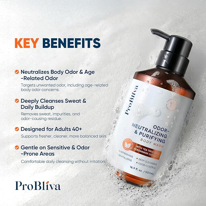 ProBliva Persimmon Body Wash for Aging Odor: Purifying & Deodorizing Body Wash for Older People Smell with Tea Tree Oil & Green Tea - Japanese Odor-Control Eliminator for Adults & Seniors - 33.8 fl.oz