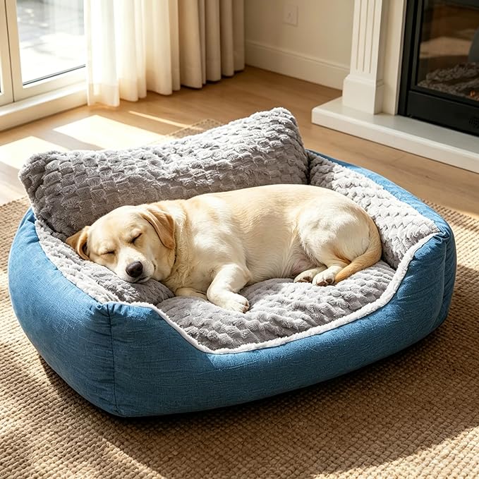 Dog Beds Large Sized Dog,35"x28"x13.7" Dual-Sided Bolster Pet Sofa, Machine Washable All Season Bed with Soft Plush & Linen Cushion, Non-Slip Bottom for Dogs Up to 66 lbs