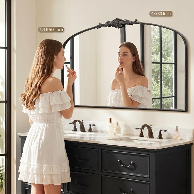 Besdomus Vintage Arched Black Mirror: 48"x33" Oversized Decorative Mirrors | French Baroque Metal Framed - Traditional Ornate for Home Renovation Decor - Ideal for Foyer/Entryway/Fireplace/Living Room