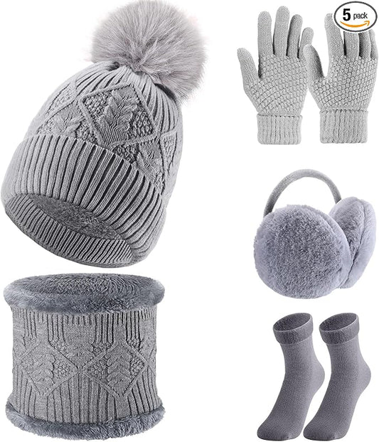 SATINIOR 5 Pcs Winter Hat Scarf Gloves Set Fleece Lined Knit Beanie Hat Warm Touch Screen Gloves Earmuff Warmer for Women(Grey,Chic Style)