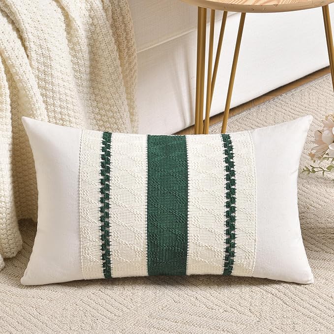 Fancy Homi Set of 1 Dark Green Boho Long LumbarDecorative Throw Pillow Covers 14x24 Inch for Couch Bed Sofa Bedroom, Modern Farmhouse Vintage Forest Green Living Room Decor