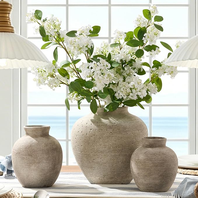 Vanselia Ceramic Flower Vase Home Decor - Farmhouse Table Vases Rustic Vintage Living Room Kitchen Bedroom Decorations for House Book Shelf Office Coffee Desk Dining Fireplace (7.4" Retro)