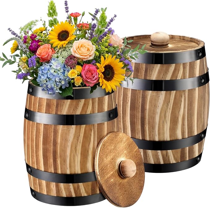 GlikCeil 2 Pcs Wood Wine Barrel Vase Vintage Flower Vase Container Rustic Barrel Planter for Wedding Reception Table Decoration Home Indoor Outdoor Garden Kitchen Party (6.3 x 5.5 Inch)