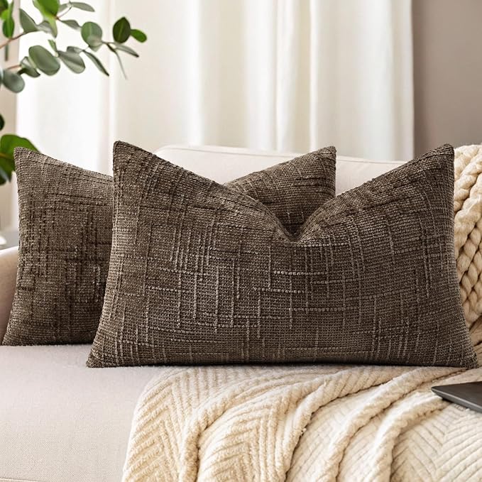decorUhome Textured Chenille Throw Pillow Covers 12x20 Set of 2 Dusty Brown | Fall Modern Farmhouse Soft Cozy Slubby Couch Pillow Cases Boho Decorative Pillow Cases for Bed Sofa Living Room Home Decor