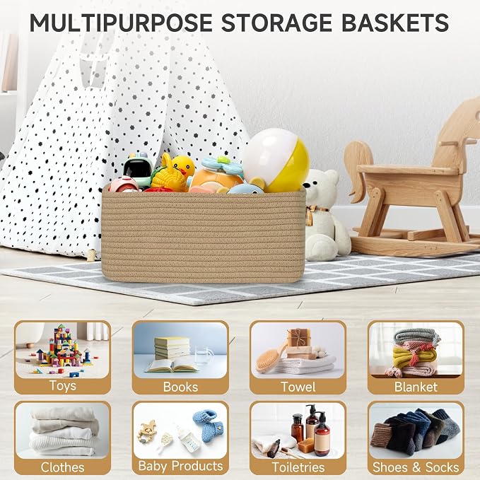 3 Pack Storage Baskets for Organizing, 13.7×9.5×6.3", Brown | Woven Baskets for Shelves, Cotton Rope Basket for Gifts Empty, Closet Organizer Bins with Handles, Cube Decorative Box