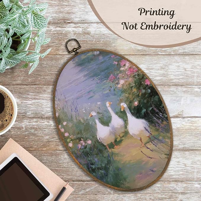 LKETW Vintage Rustic Duck Oval Wall Art Decor, Cottagecore Wildflower Duck Oval Canvas Hanging Decor, Farmhouse Goose Farm Animal Wall Decorations for Farmhouse Home Bedroom Living Room, 8.6x11.4 Inch