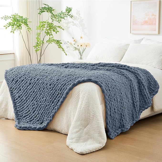 Bigacogo Chunky Knit Throw Blanket for Couch, 51x63 inches, Cold Sea Blue | Hand Knit with Jumbo Chenille, Soft Breathable Cable Knit for Sofa Bed Living Room, Machine Washable, Gift for Mom Friend