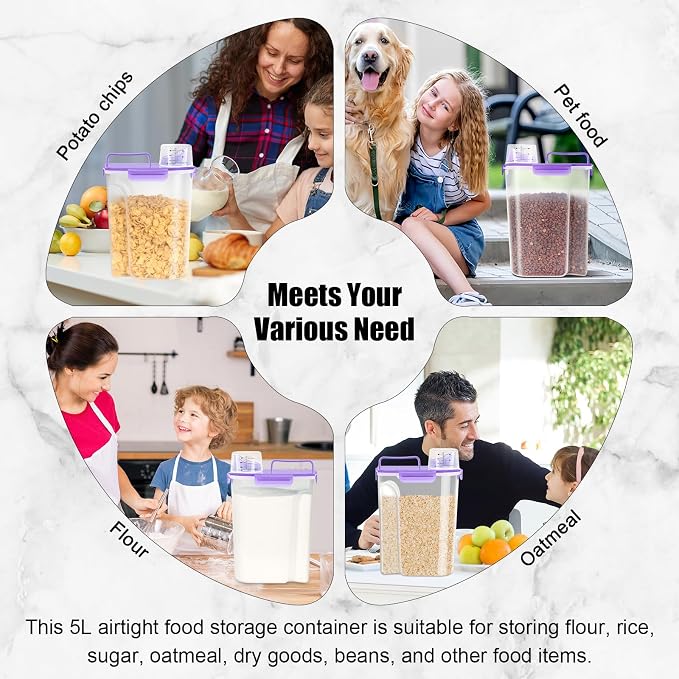 LEAWALK 10LBS Airtight Rice Food Storage Container BPA Free, 5.28Qt Clear Plastic Kitchen and Pantry Organization Bin Suitable for Cereal, Dry, Oats, Flour, Sugar, Pasta, Pet Food-Clear Purple
