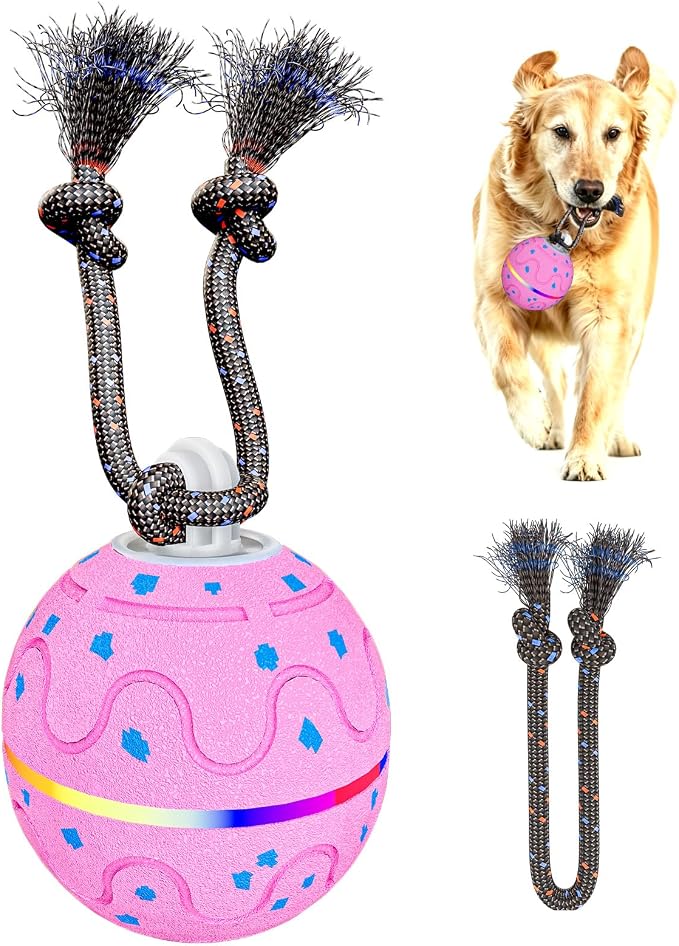 Interactive Dog Ball Toy with 2 Rope, Automatic Rolling & Bouncing Smart Dog Toy with Bird Chirping Sound and LED Light, Soft ETPU Chew-Safe Material, USB Rechargeable, for Medium & Large Dogs