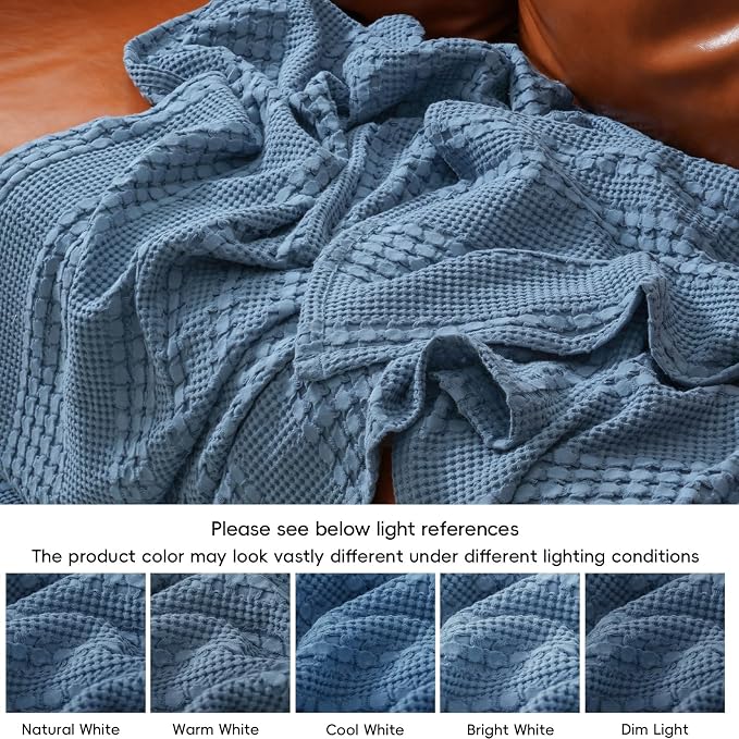PHF 100% Cotton Waffle Weave Blanket Queen Size, Lightweight Breathable Summer Blanket for Hot Sleepers, Pre-Washed Soft Layer for Bed, Couch, Aesthetic Home Decor & Gift, 90"x90", Denim Blue