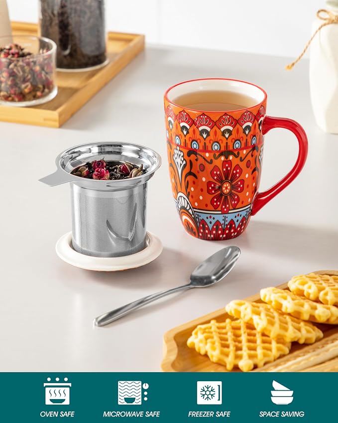 vancasso Ceramic Tea Cup with Infuser and Lid, 18 Ounce Tea Infuser Mug for Loose Leaf Tea, Microwave & Dishwasher Safe, Bohemian Mandala, Gift for Tea Lovers, Crimson Sunburst