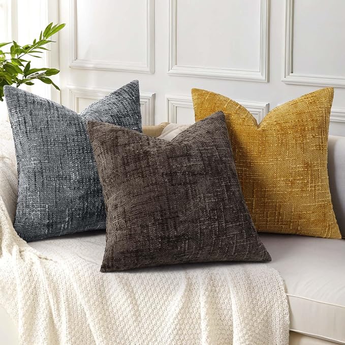 decorUhome Textured Chenille Throw Pillow Covers 20x20 Set of 2 Dark Grey | Fall Modern Farmhouse Soft Cozy Slubby Couch Pillow Cases Boho Decorative Pillow Cases for Bed Sofa Living Room Home Decor