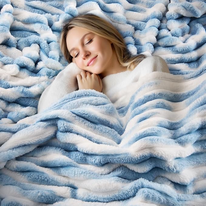 BEDELITE Ribbed Twin Blanket for Couch & Bed, Blue&White, 60"x80" | Ultra-Soft Plush Fleece, Cozy, Warm Yet Lightweight, Ribbed Texture, Home Decor, Machine Washable, Giftable, All-Season Use