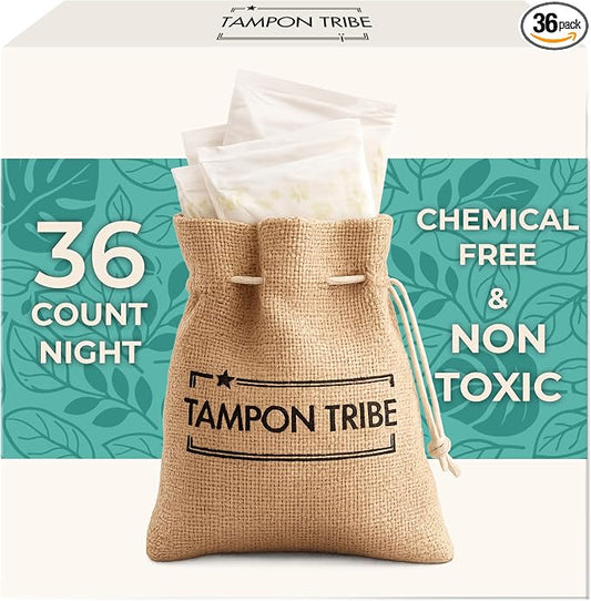 Tampon Tribe Organic Cotton Pads for Women | 36 Night Time Absorbent Period Pads with Wings | 100% Organic Cotton, Hypoallergenic, Metal and Chemical-Free with Anti-Leak Edges | 36 Count - Nighttime