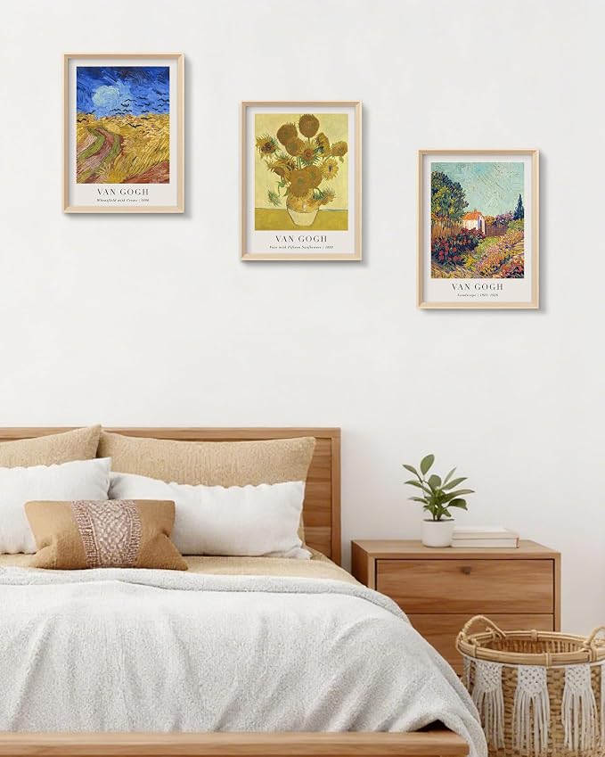 HesenDot Van Gogh Framed Wall Art,Vintage Canvas Prints Set of 3 | 12x16IN Canvas Prints,Wheatfield Sunflowers Landscape Art,High Framed Design Wall Decor Living Room Bedroom Bathroom Office