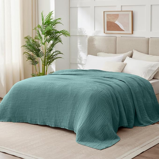 100% Cotton Muslin Blanket King 108" x 90", 6 Layers Breathable and Lightweight Cotton Throw Blanket for Bed, Soft Quilt Bedspread Coverlet, Gauze Blanket for Adults All Season, Teal