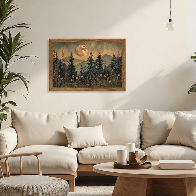 JLTULT Vintage Pine Tree Wall Art, Moonlit Wood-Framed Canvas, 20 x 30 In | Moonlit pine forest with wildflowers, fade-resistant canvas and ready-to-hang frame for bedrooms, living rooms and offices