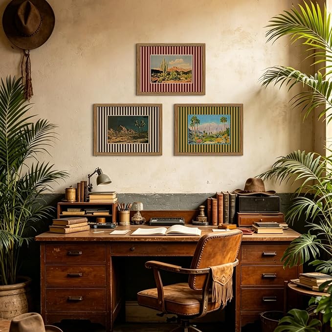 Western Desert Wall Art Vintage Southwestern Wall Decor Boho Cactus Prints | Western Landscape Canvas Pictures Southwest Painting Nature Posters Modern Artwork for Bedroom Bathroom 12x16x3 Inch Framed