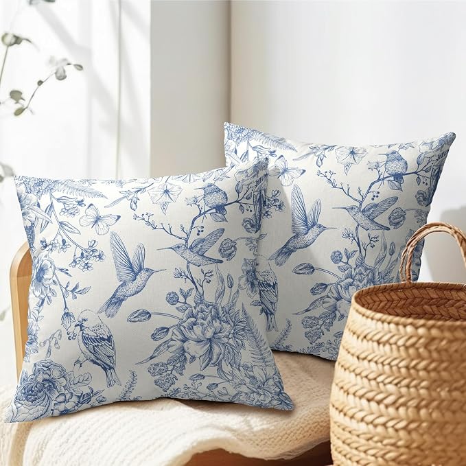 Kawani Chinoiserie Blue Floral Pillow Covers 18x18 Inch, Set of 2 Vintage Flowers Hummingbirds Cotton Linen Square Pillowcase Cushion Cover for Couch Sofa Garden Patio Bedroom Livingroom
