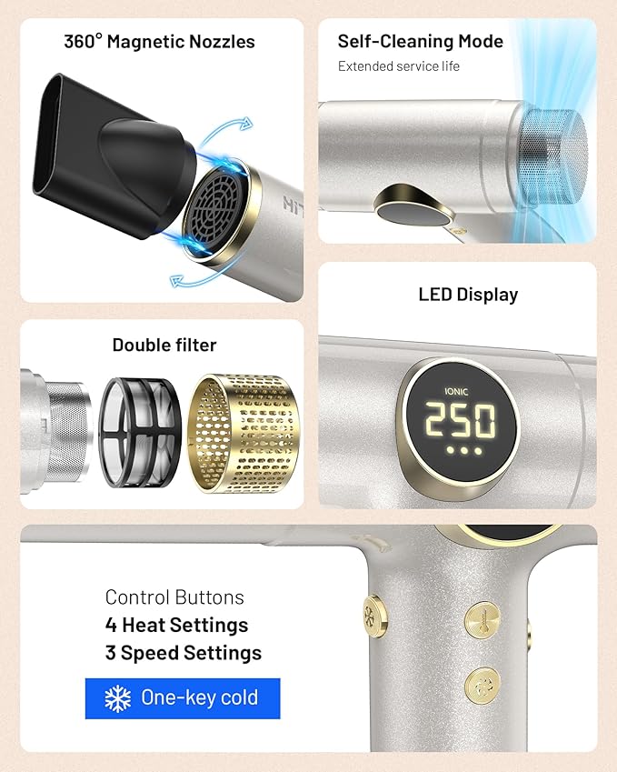HITTIONA Dual Voltage Travel Hair Dryer with Magnetic Diffuser - 2000W High-Speed Ionic Hair Dryers Gift for Women, Fast Drying, Low Noise, Lightweight, No Heat Damage, European Travel 110V-240V, Gold