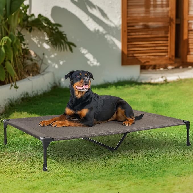 Veehoo Outdoor Elevated Dog Bed Large Sized Dogs, Cooling Raised Dog Cots | Off-ground training platform, portable camping hammock, breathable mesh, easy to clean, no-tool setup, 53"x37", Brown