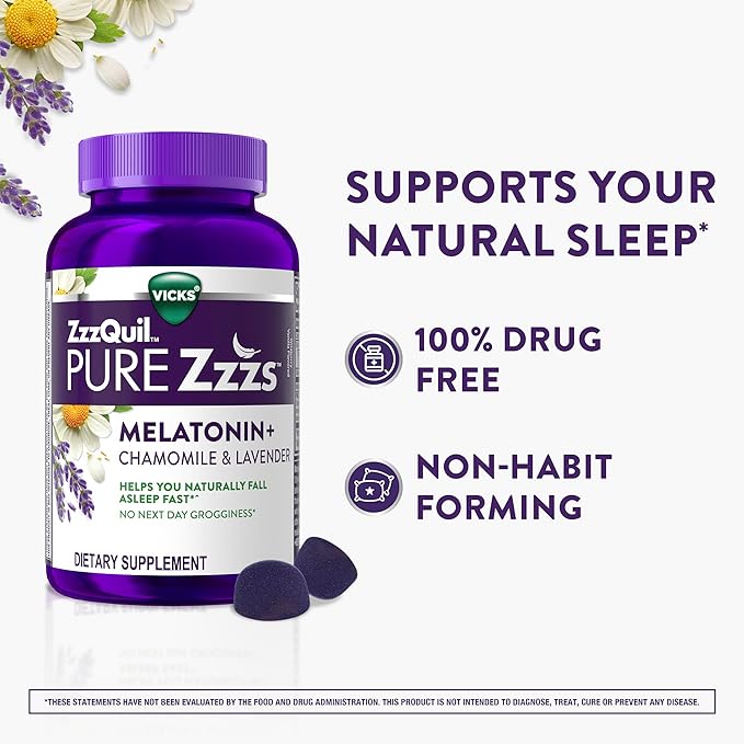 ZzzQuil PURE Zzzs Melatonin Gummies, Sleep Aid, Melatonin 2mg, with Chamomile & Lavender, Melatonin Sleep Gummies, Sleep Aids for Adults, Wildberry Vanilla Flavored, 72 Sleep Gummies