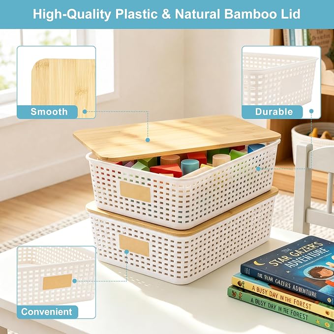 4 Pack Plastic Storage Bins with Bamboo Lids, 6.2qt Stackable Storage Organizer Box with Lable for Pantry Shelves Drawers Desktop Office, 12"L x 8.3"W x 3.5"H, Cream White
