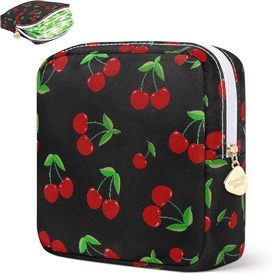 Sanitary Pad Storage Bag Portable Period Bag for Teen Pads/Sanitary Napkins/Small Tampons, Sanitary Napkin Storage Bag First Period Gifts for Teen Girls (Red Cherries)