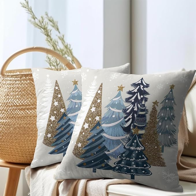 Kawani Christmas Trees Pillow Covers 20x20 Inches, Set of 2 Xmas Winter Seasonal Gold Blue Pine Tree Cotton Linen Cushion Pillowcase Farmhouse Sofa Couch Living Room Bedroom Decor