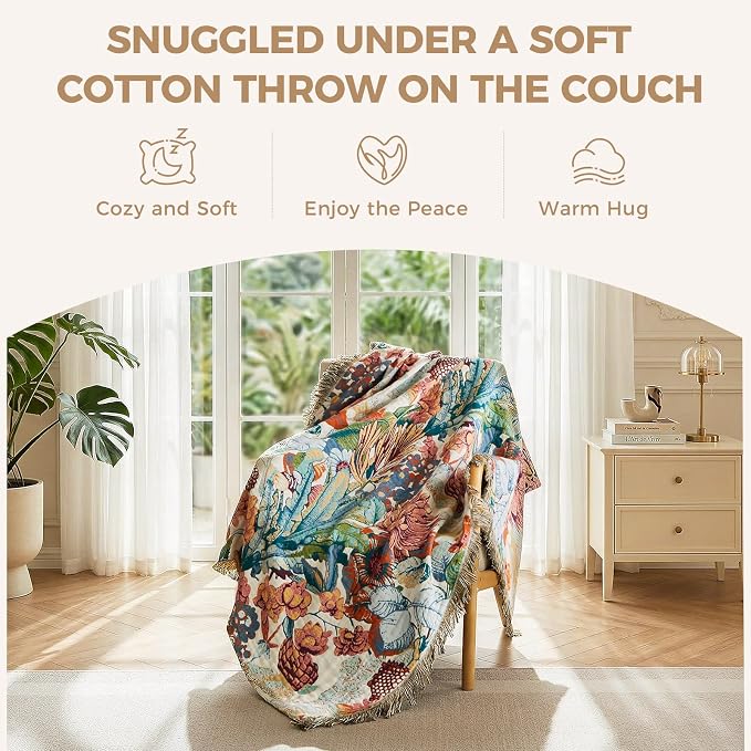 LUTBM Boho Throw Blanket for Couch 50"x60", Cotton Decorative Bed Throw | Reversible Botanical Floral Jacquard, All-Season, For Chair Sofa Living Room, Lightweight & Breathable Throws, Home Decor