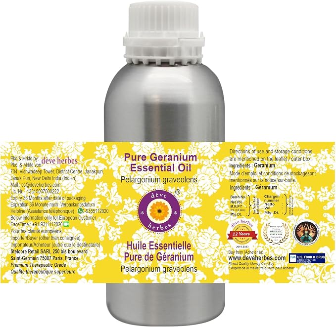Deve Herbes Pure Geranium Essential Oil (Pelargonium graveolens) Steam Distilled 630ml (21 oz)