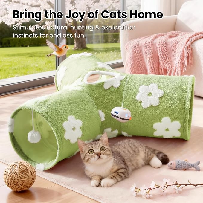 Tempcore Cat Tunnel, 3-Way Collapsible Toy for Indoor Cats, Daisy Green