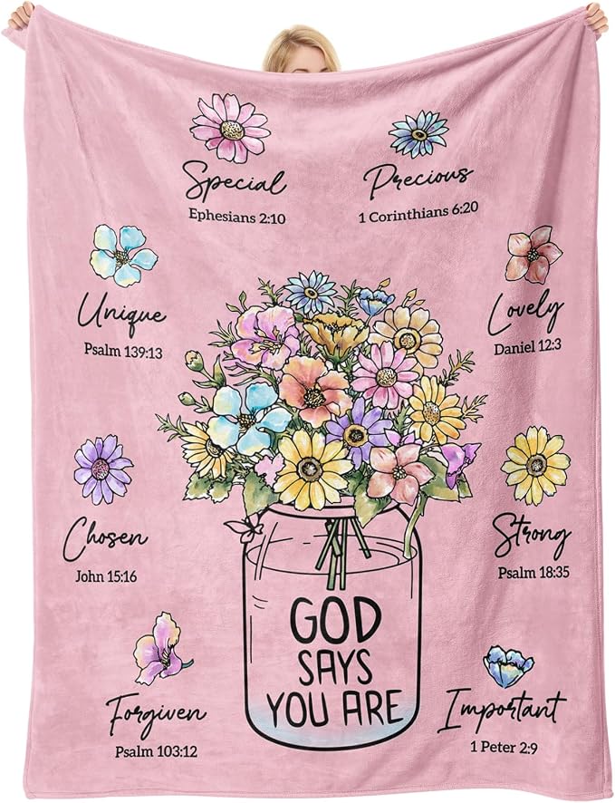 Christian Birthday Gifts for Women, Christian Religious Blanket with Flower | Birthday Gifts for Women, Spiritual Baptism Gifts for Grandma Mom Daughter Girls Wife, Soft Throw Blanket 80''x 60'', Pink